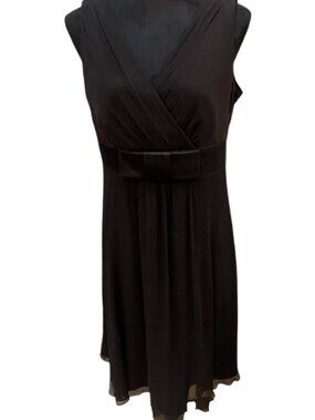 Ann Taylor Black Silk V-Neck Fit and Flare Dress With Decorative Belt & Bow EUC
